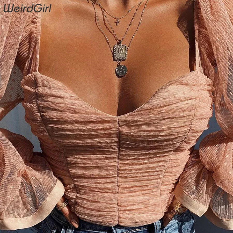 Weirdgirl женские черные в горошек прозрачные кружевные сексуальные футболки с длинным рукавом-фонариком и v-образным вырезом, Короткие топы, вечерние футболки для ночного клуба Харадзюку