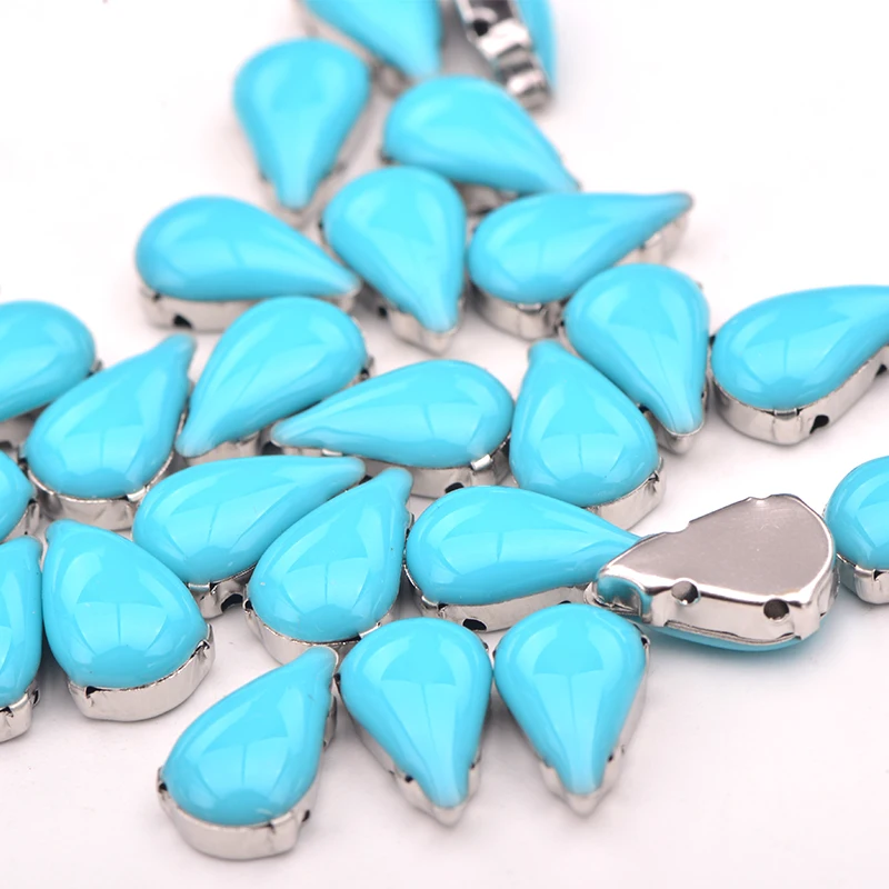 JUNAO, 100 шт., 8*13 мм, Aqua Blue, Стразы для шитья в виде капель, Серебряные Кристаллы, каменные аппликация, Прошитый Алмазный страз для украшения