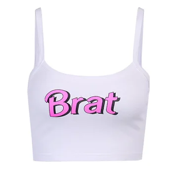 

Women Sexy Chic Tops Brat Letter Printed Tank Tops Thin Spaghetti Straps Summer Camis Slim Female Holiday Camisole Crop Top
