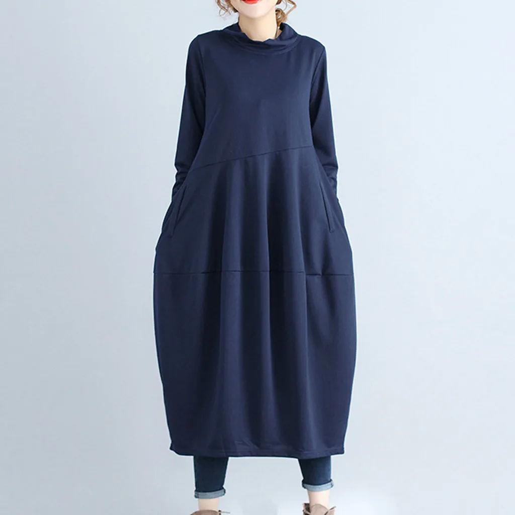 nuevos trajes модное женское длинное платье с длинным рукавом, водолазка, однотонное Плиссированное льняное свободное платье espalda cruzada para mujer