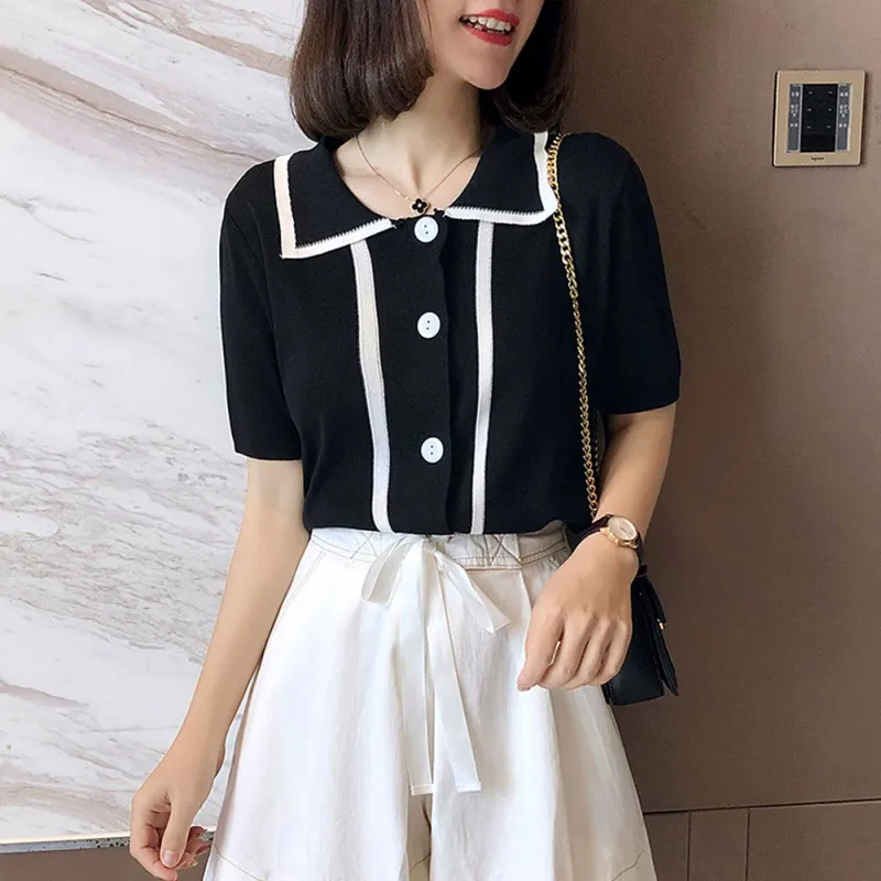 

Summer Autumn 2019 Women Blouse Turn-down Collar Ice Silk Shirt Women Loose Wild Short-Sleeved Shirt Blouse Female