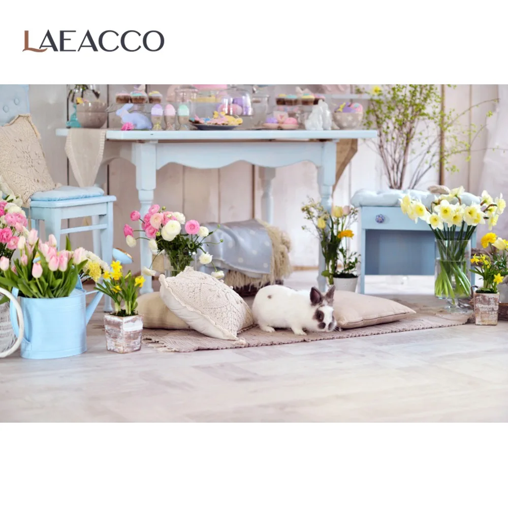 

Laeacco Rural House Easter Rabbit Spring Flower Party Themed Decor Baby Child Interior Photo Background Photo Backdrop Photocall