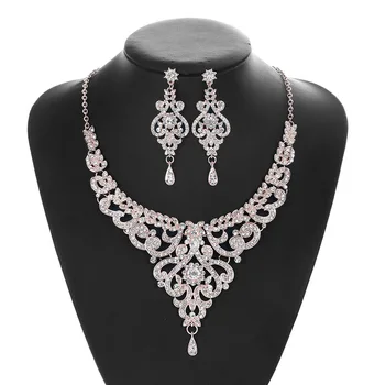 

2020 Elegant Floral Bridal Jewelry Sets for Women Clear Crystal Engagement Necklace Earrings Sets Wedding Jewelry collares mujer