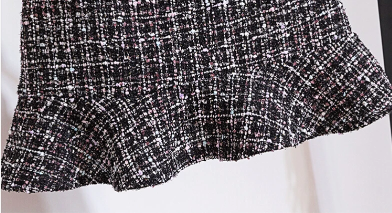 Женское осенне-зимний комплект из двух предметов, женский элегантный вязаный свитер с бисером+ твидовая клетчатая юбка русалки с высокой талией, женская одежда