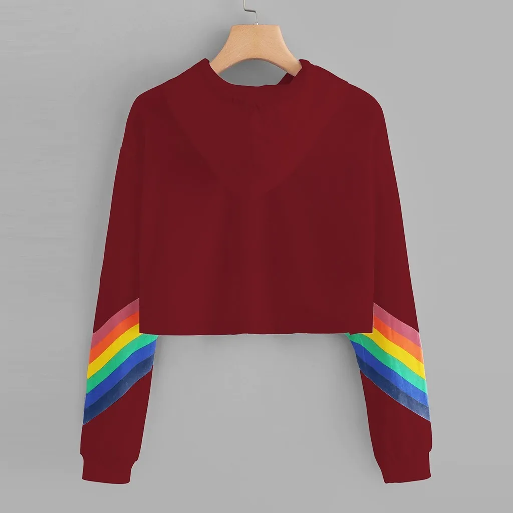 JAYCOSIN Fashion Women Rainbow Print Loose Long sleeve Sweatshirt Casual Stripe Colourful Chic Solid Elegant Hooded Pullover