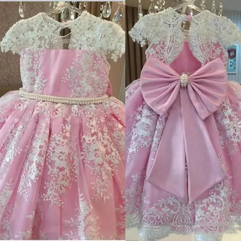 

SexeMara Pink Baby Girls First Birthday Dresses with Lace Applique and Bow Kids Children Clothes Communion Pageant Prom Gown