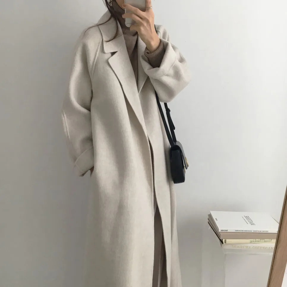 Women's Jacket 2021 Autumn and Winter Long Wool Coat with Belt Solid Color Long-Sleeved Chic Slim Down Shoulder Coat long puffer jacket