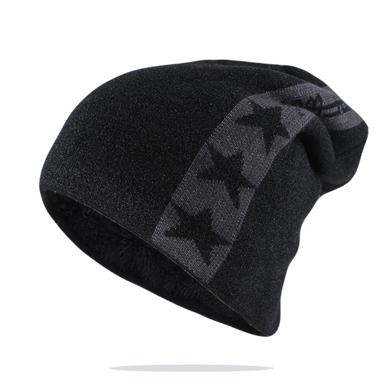 Мужская зимняя шапка, новая мода, вязаные черные шапки, Осенняя шапка, теплая облегающая шапка, бини, мягкие вязаные шапочки, хлопковая шапка - Цвет: Черный