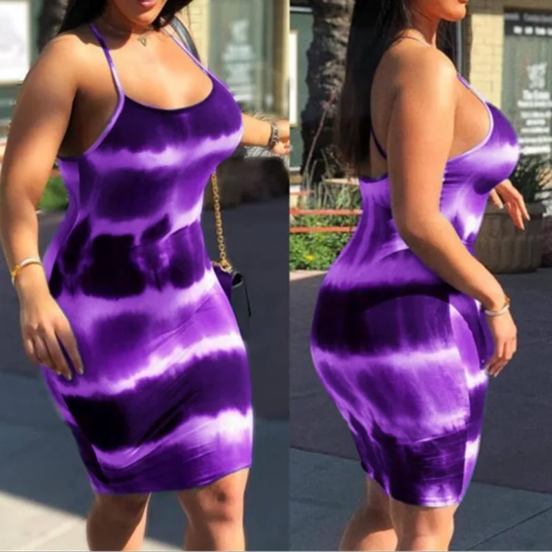 2019 New Trend Women mini Dress Female Sling Sleeveless Slash Neck Tie Dye Printing Bodycon Short Mini Bodycon Vestito Clubwear