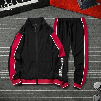 

Two Pieces Sets Tracksuit Men Autumn Spring Zipper Sweatshirt Tops + Pants Male Patchwork Sweatsuit Hip Hop Outwear Sportswear