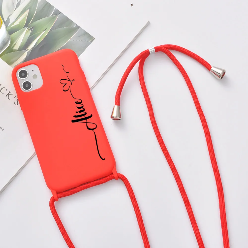 Custom Name for iPhone 12 Pro Max 7 8 Plus X XR XS 11 Phone Case With Strap SE 2020 Coque Girls Gift Soft Silicone Funda DIY mobile pouch Cases & Covers