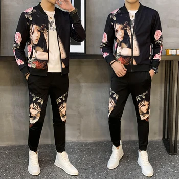 

2019 autumn men's jacket Korean with handsome fashion clothes mens tracksuit two piece Japan Style Hip Hop Cartoon
