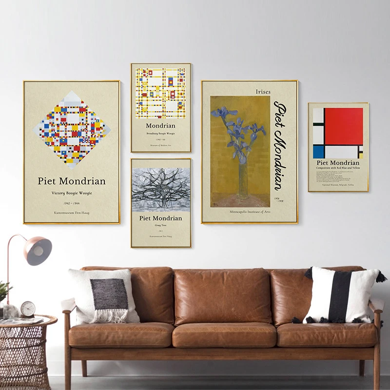 Piet Mondrian World Famous Geometric Grey Tree Irises Exhibition Poster Stampe Canvas Painting Wall Art Pictures Decorazione Della Casa