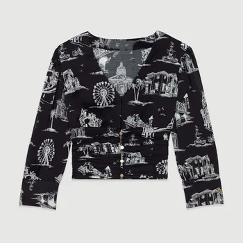 

Women Shirt 2019 Spring and Summer New Vintage V-neck Print Short Cropped Shirt Shirt