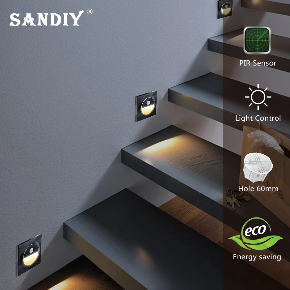Led Wall Light Step&Stair Lamp Motion Sensor Embedded Night Sconce for Ladder Bedroom Corridor Staircase Fit EU 60mm Box SANDIY motion sensor light,led light,led wall lamp,wall light