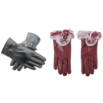 

2 Pair Women Autumn Winter Warm Leather Gloves Touch-Screen Gloves Smart Warm Soft Gloves, Black & Maroon