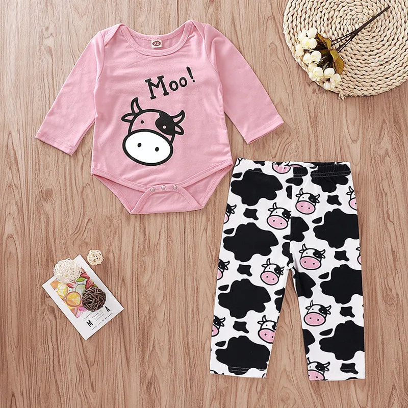 Комплект для новорожденных, милый боди с длинными рукавами и рисунком коровы и штаны, комплект из 2 предметов для малышей, одежда для маленьких девочек 3-18 месяцев, розовый наряд