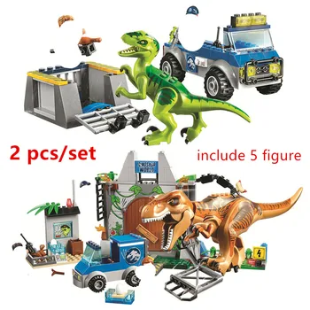 

2pcs Jurassic World Park T. rex Breakout Raptor Rescue Truck Building Blocks kits Classic Movie Model Kids Toys For Children Gif