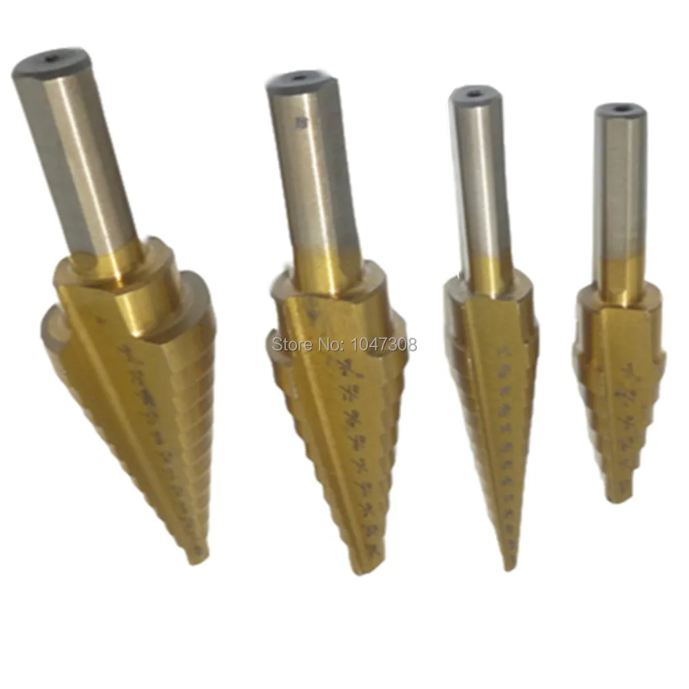 

4pcs Hss Step Cone Drill Titanium Bit Step Drill Bit 3/16"-1/2" 1/8"-1/2" 1/4"-3/4" 3/16"-7/8"