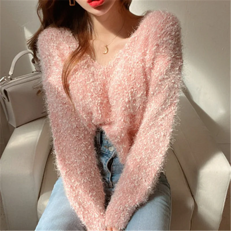 

Sweater Casual Women Korean Style Temperament V-neck Knitted Pullovers Tops Candy Color Long -sleeved Jumper 2020