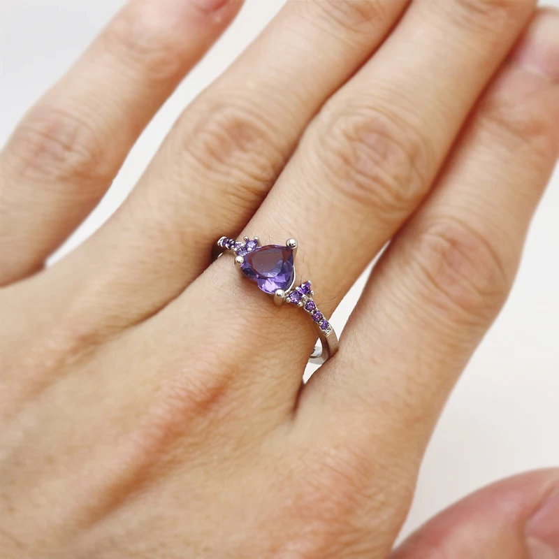 Free Sent Certificate Fashion Women Wedding Jewelry Cute Heart Heart Design Purple Crystl Amethyst Silver 925 Ring Dropshipping - Image 4