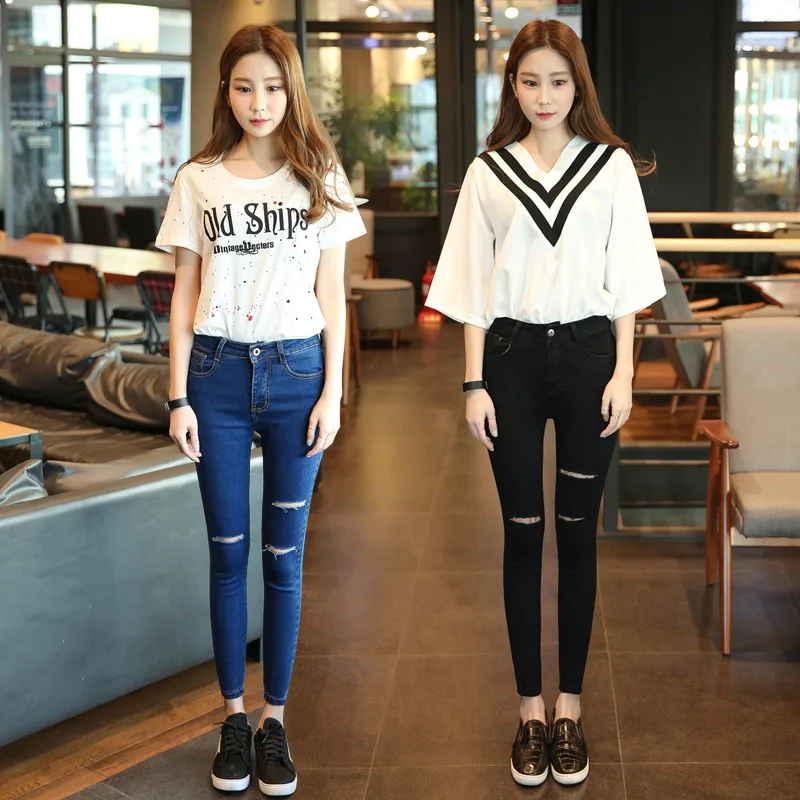 Черные и белые джинсы до колен с рисунком и тремя дырками, женские эластичные обтягивающие узкие брюки с высокой талией