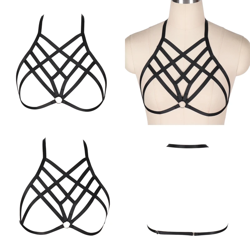 MLCS0015-Black Harness Bra Strappy Top Chest Belt Triangle Frame Black Women Lingerie Plus Size Elastic Gothic Steampunk Night Clubs Dance - Цвет: MLCS0015-Black