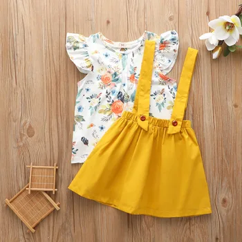 

Baby Girls Outfits Spring Summer Casual Floral Printed Ruffles Short Sleeved Blouse With Halter Skirt 2 Pcs Set Romper D30