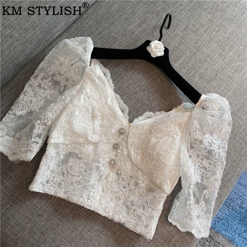 

Women's Clothing Puff Sleeve Deep V Lace Blouse 2020 Spring Summer New Thai Tide Brand Embroidery Flower Short Navel Guaze Tops
