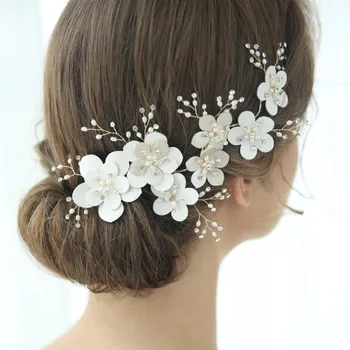 

NPASON Fashion Leather Flower Girls Hairgrips Freshwater Pearl Wedding Jeweled Hair Clips For Bridal