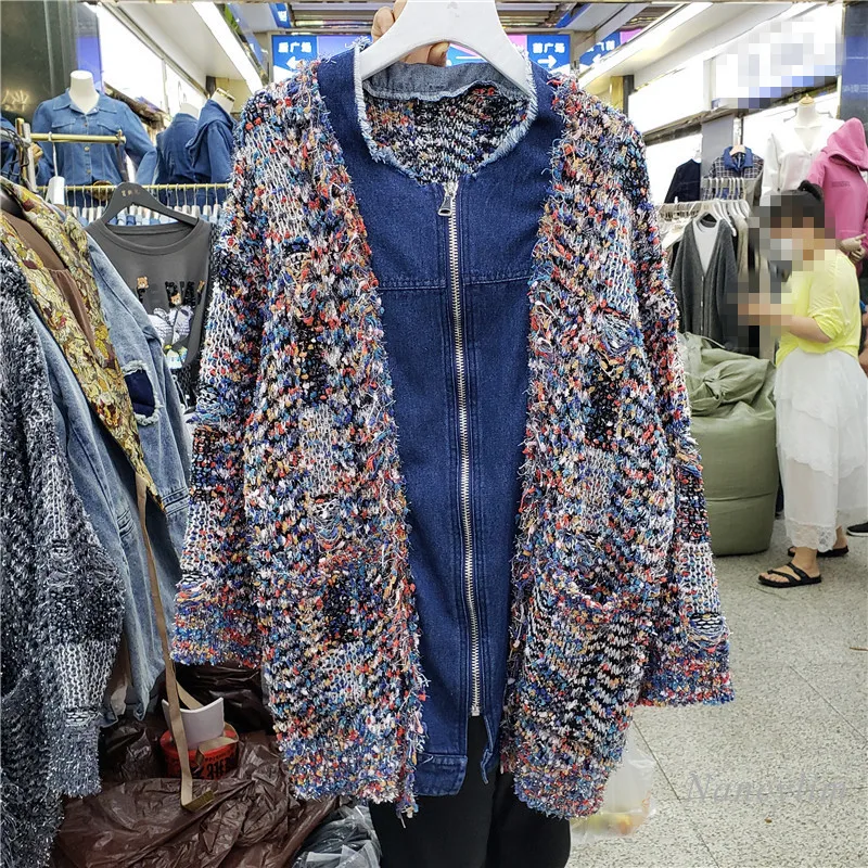 

Nancylim Womens Loose Zipper Cardigans 2020 Autumn New Color Matching Denim Neckline Sweaters Middle Long Coat Femme