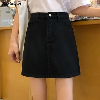 

Skirts Women Simple Denim Pockets All-match Solid Trendy Students Womens Summer Korean Style Elastic Waist Single Button Skirt