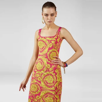 

2019 Elegant Jacquard Gold Bandage Dress Spghetti Strap Mid-Calf Bodycon Sexy Summer Backless Print Celebrity Party Dresses