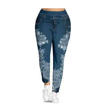 

Plus Size 5XL 3D Jeans Denim Printed Legging Women Big Size Fitness Jeggings Mid Elastic Waist Casual Skinny Legins Pencil Pants