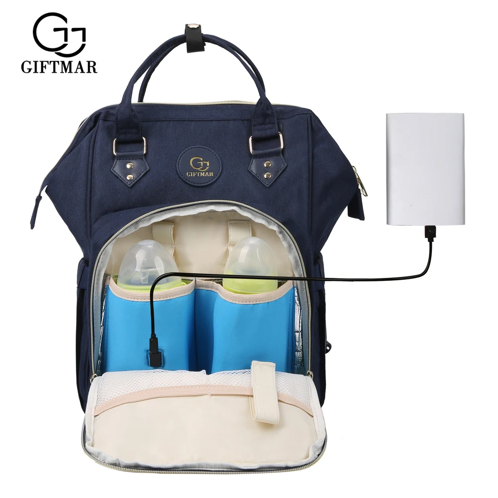 

2019 New Design Fashion diaper bag usb heating bottle warmer mommy nappy backpack Large Capacity mummy Bag for winter travel
