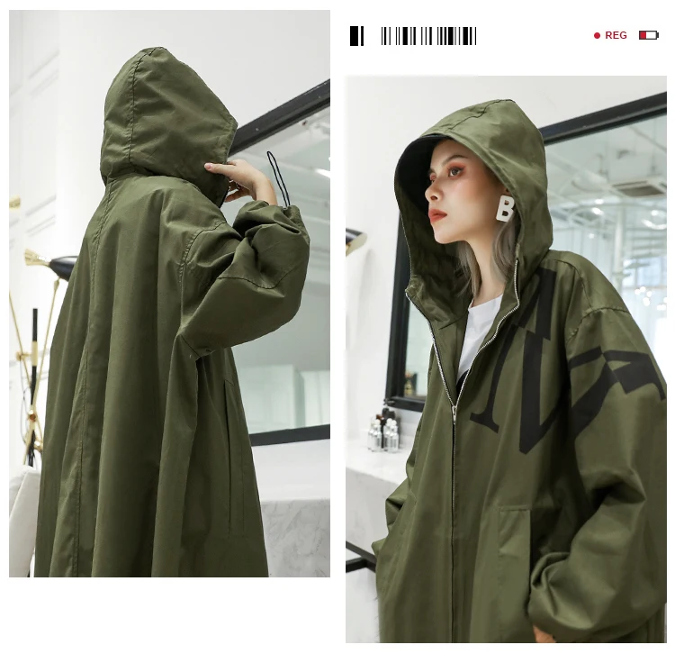 Oversize women's loose hooded trench coat fashion letter print batwing sleeve army green windbreaker for Muslim ladies