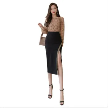 

Fashion Women Split Skirt Spring Summer 2020 Sexy Knee-Length Hips Skirt Bright Silk High Waist Office Lady Skirt Straight H439