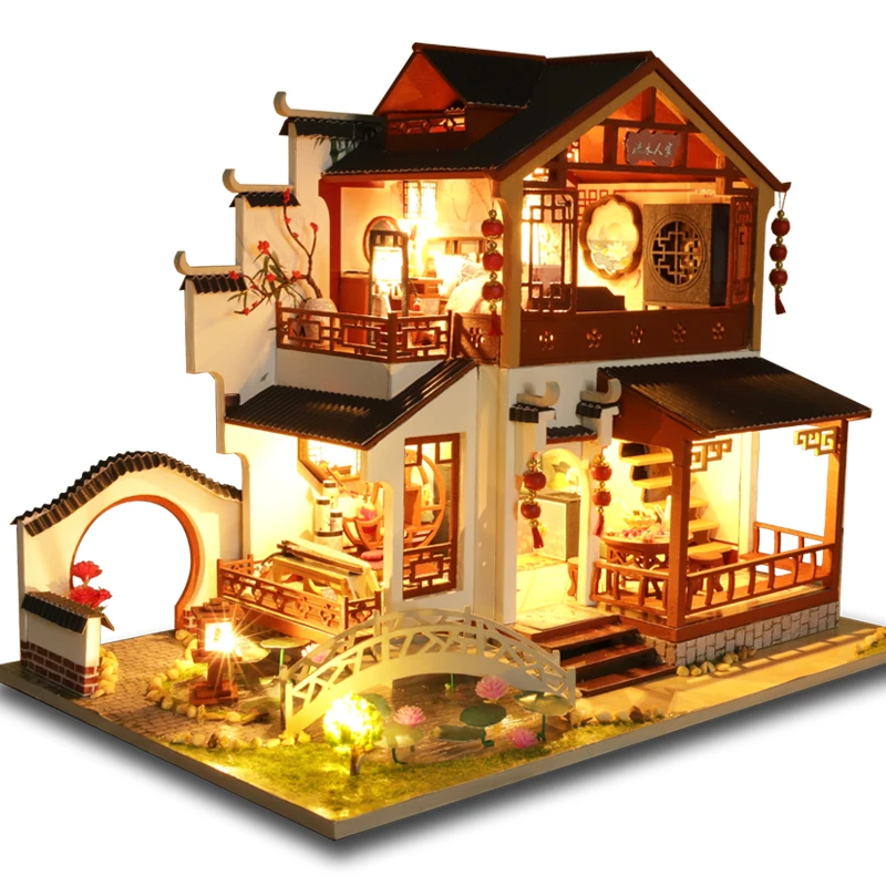 assembled wooden dollhouse
