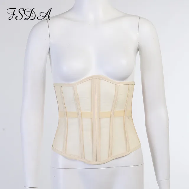 FSDA Tube Mesh Crop Top 2021 Women Sexy Summer Bandage Club Short Wrap Lace Up Breasted Corset Ladies White Tank Tops Party 5