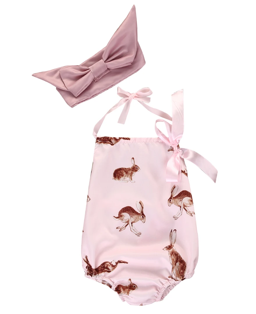 

Easter clothes for Newborn Baby Girls longly Pink Rabbit Rompers sleeveless Halter Jumpsuit headband Outfits Sunsuit