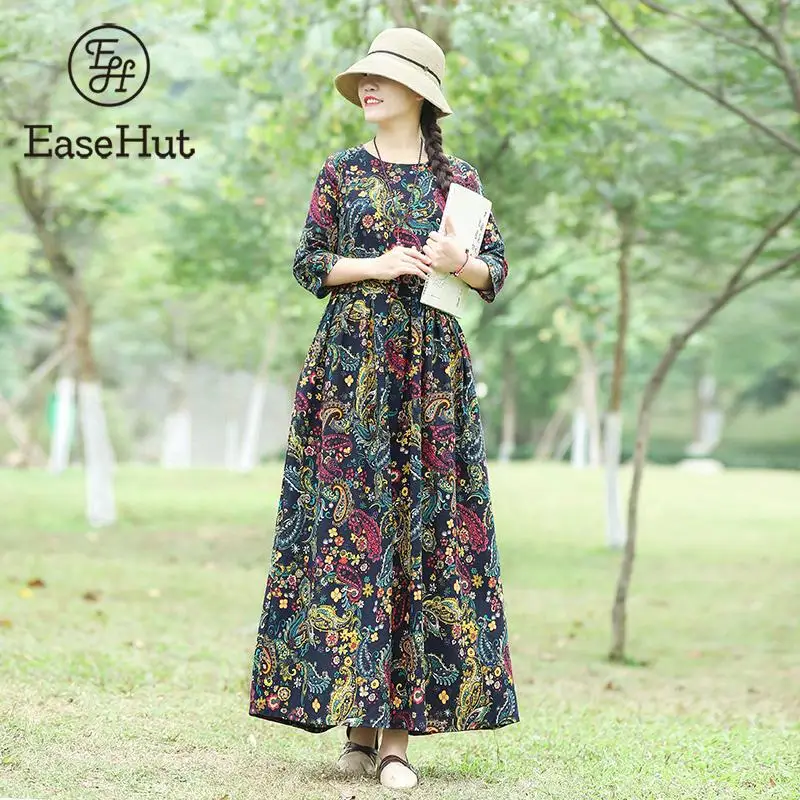 EaseHut Women Autumn Floral Print Cotton Linen Dress O Neck Three Quarter Sleeve High Waist Pleated Pocket Loose Maxi Long Dress