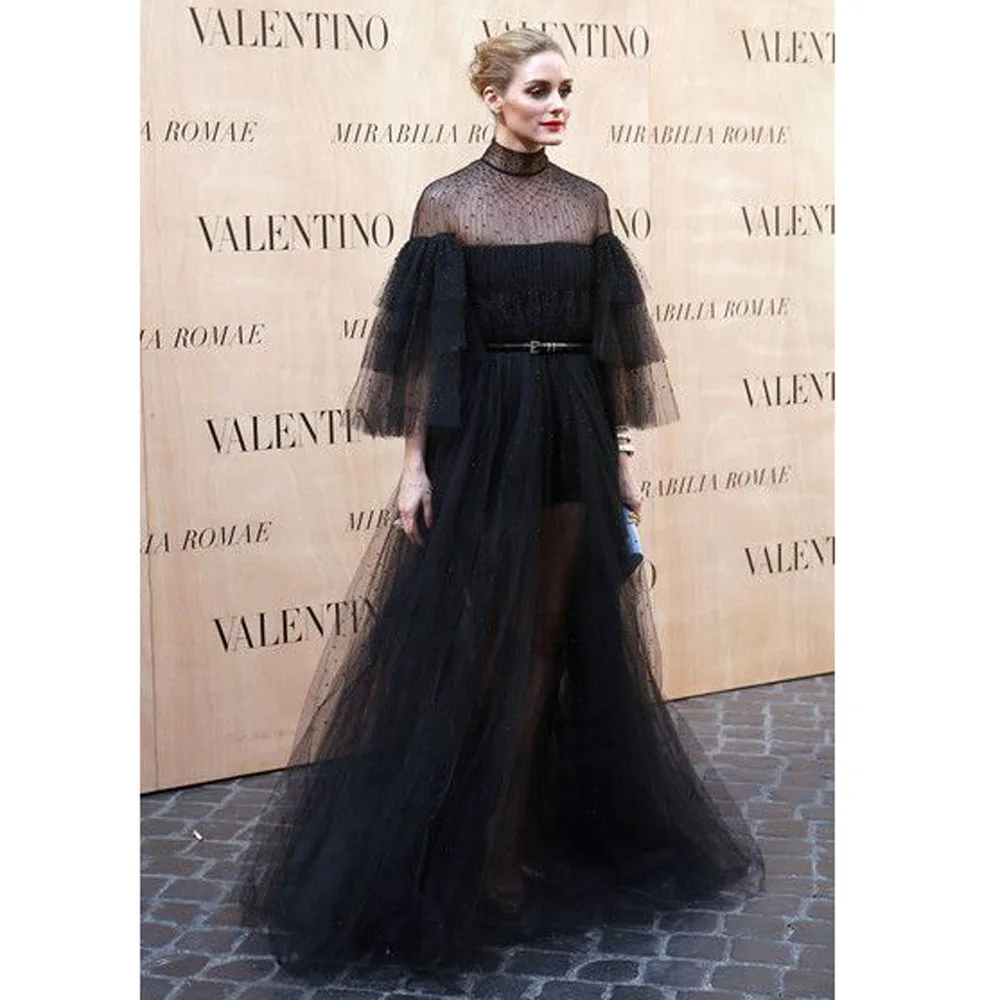

casamento Designer Black High Collar Dot Tulle Three Quarter Sleeve Floor Length Sexy Prom mother of the bride Dresses
