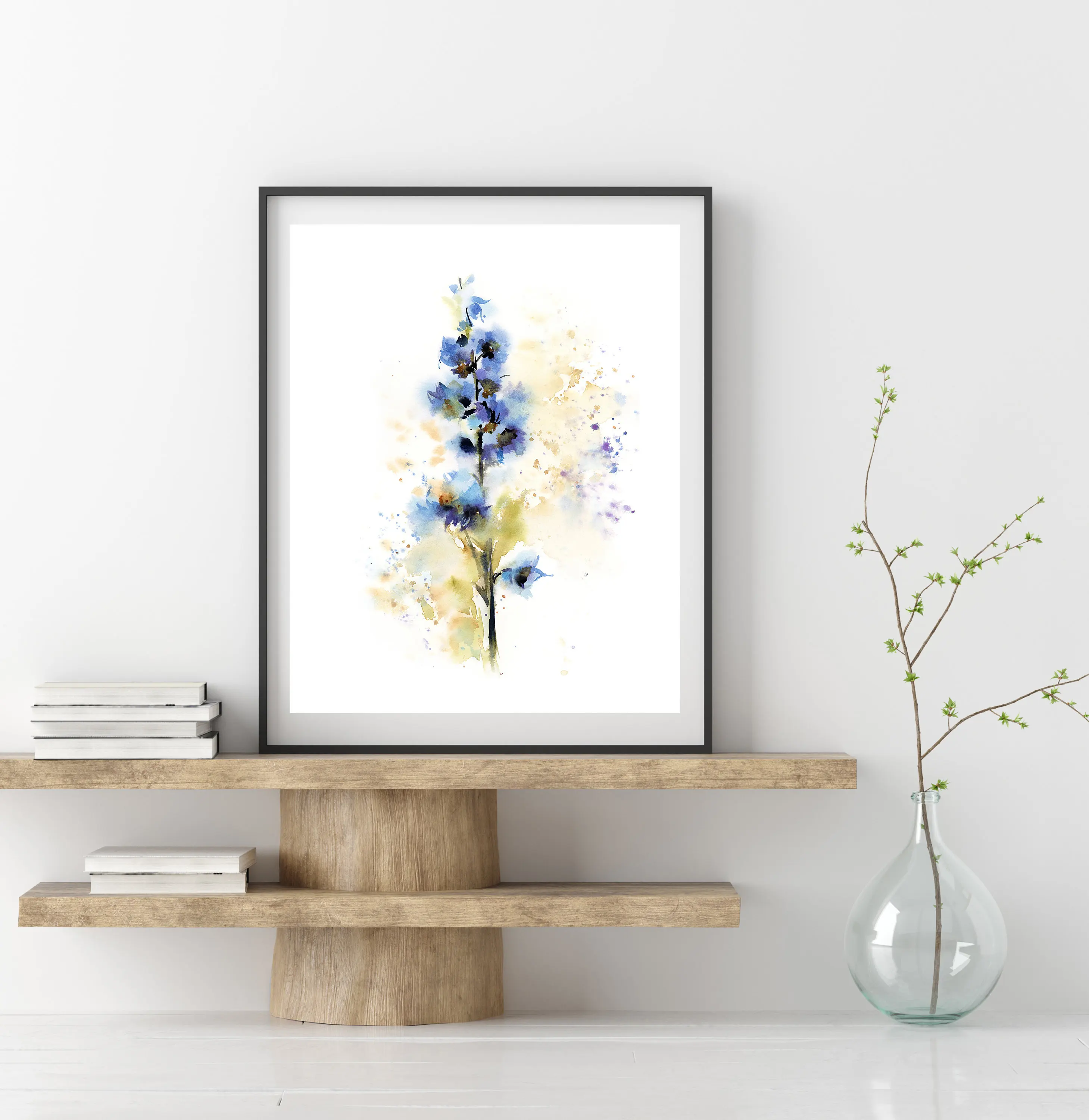 Настенная картина Blue Delphinium с цветочным принтом ботанические синие зеленые цветы
