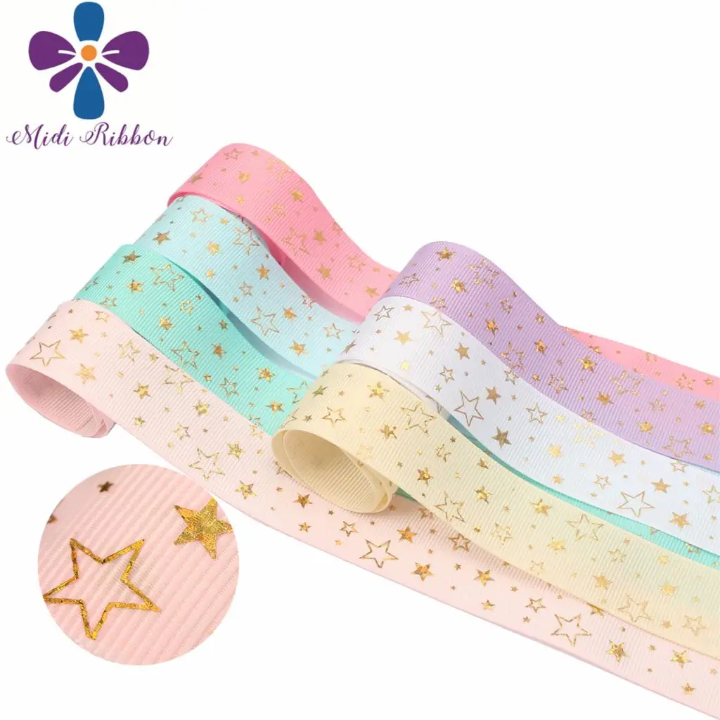 

1"25mm Hologram Gold Foil Star Pattern Printed Solid Color Grosgrain Ribbon DIY Wedding Party Decor 50yards/roll Hair Bowknots