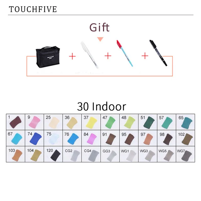 30 INDOOR TouchFIVE маркер для рисования комплекты 30/40/60/80/168 Цвета аниме студент эскиз конструкции манга спиртовой фломастер для рисования(легкое белое ручки - Color: 30 INDOOR