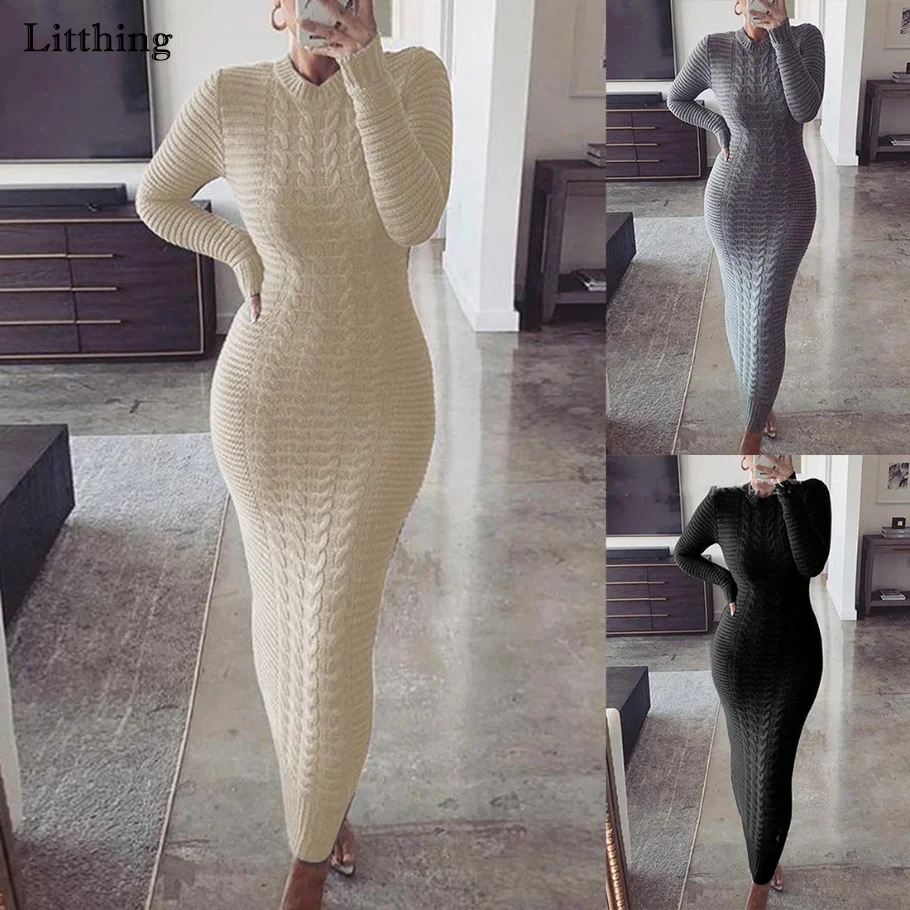 

High Elastic Knitted Long Dress Women O-Neck Full Sleeve Slim Maxi Pencil Dress Autumn Winter Solid Color Elegant Party Vestidos