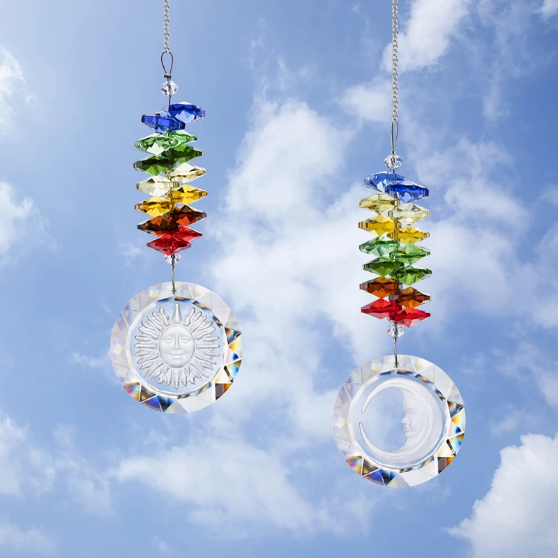 

H&D Set 2 Crystal Sun and Moon Engraved Prisms Suncatchers Rainbow Maker Window Hanging Crystals Sun Catcher Car Charm Ornament