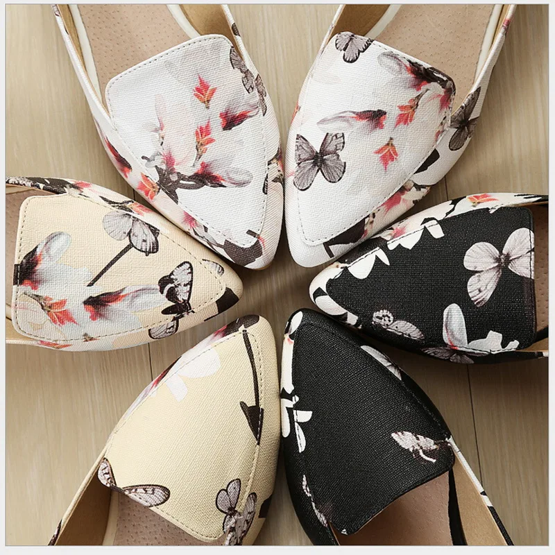 Fashion printing pointed toe loafers women flat heel shoes casual shoe woman Plus size 33-43