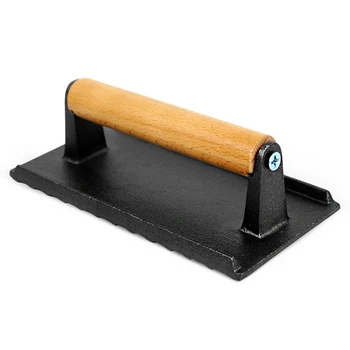 

Cast Iron Steak Plate BBQ Grill Professional Weight Press With Wooden Handle Meat Press