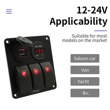 

Rocker 3 Gang Switch Panel with LED Digital Voltmeter Dual USB Charger Green